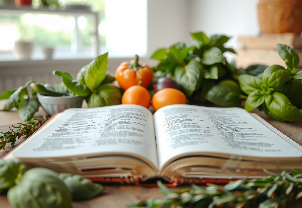 Aufgeschlagenes Fachbuch mit Ernährungsnotizen und Kräutern